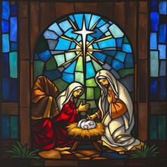 The Nativity of Jesus. Christmas card design, printable pattern for wall decorations.