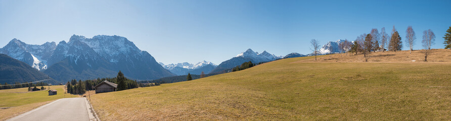 idyllic bike route from Krun to Mittenwald, Karwendel alps, upper bavaria. landscape early springtime