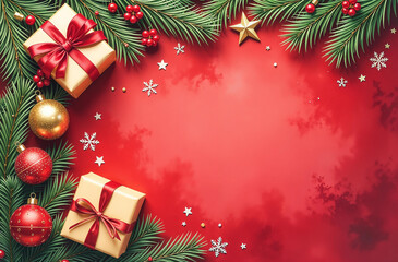 Holiday Ornament Arrangement: Top view of artisanal gift boxes, chic tree embellishments, red and gold balls, glimmering star, snowflakes, mistletoe berries on red surface, ready for your festive text