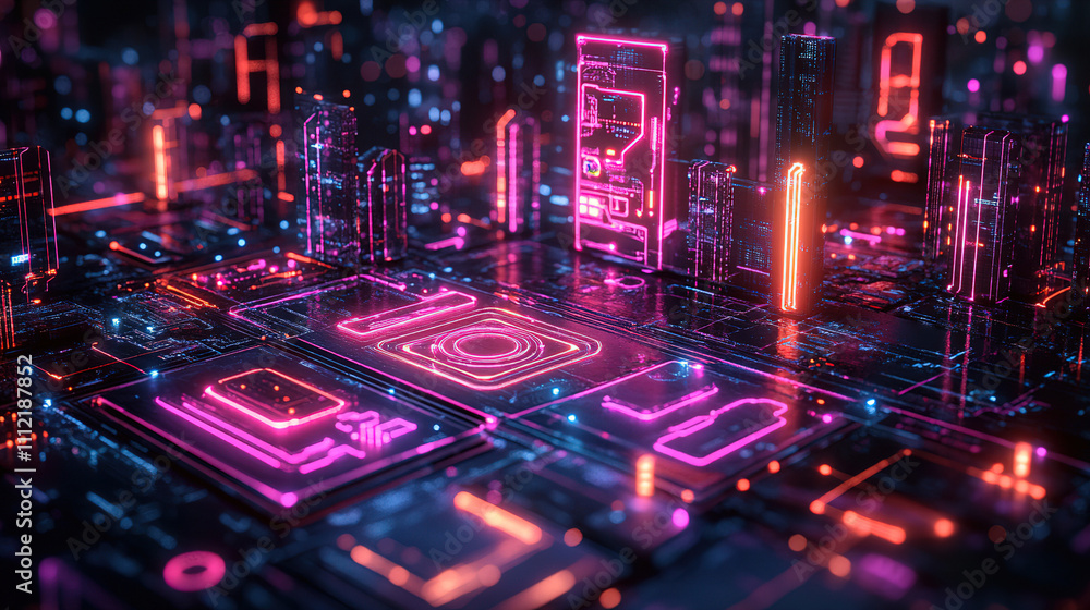 Aufkleber vibrant cityscape in neon colors showcasing advanced technology embedded in an intricate circuit boa