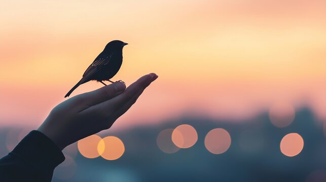 A silhouette of a bird perched on a hand against a soft, colorful sunset background, evoking themes of freedom and connection.