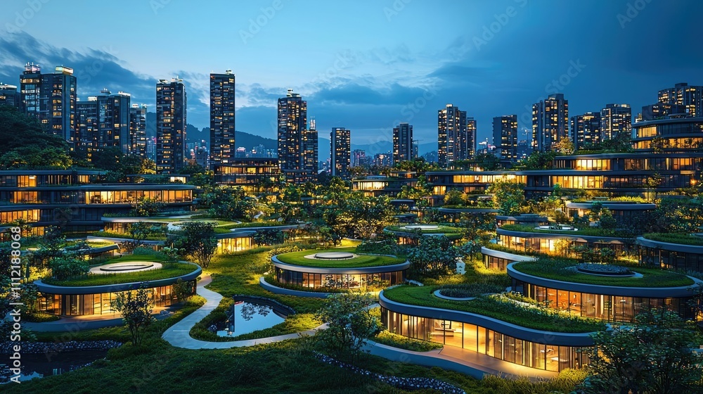 Poster modern architecture showcasing cityscape with green spaces at night.