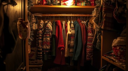 Fototapeta premium A dimly lit closet with holiday sweaters co A dark street corner with a single streetli
