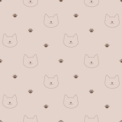 seamless pattern with a silhouette of a cat and a paw on a brown background