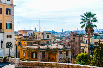 The old Rome from the terrace on Piazza della Trinita dei Monti above Spanish Steps, Italy