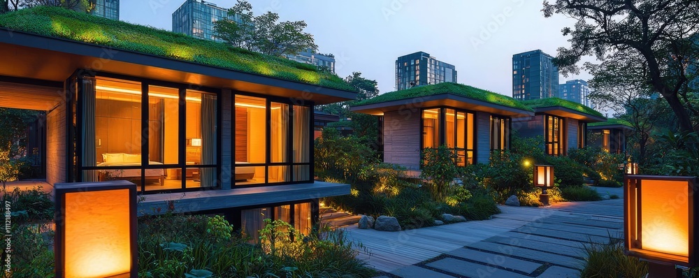 Poster modern architecture with green roofs at dusk in a serene garden setting.