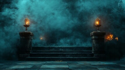 Mysterious Stone Staircase Lit By Glowing Lanterns In Fog