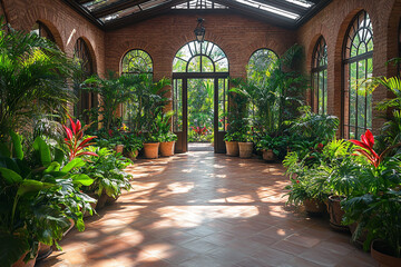 Sunlit Conservatory Filled With Lush Tropical Plants