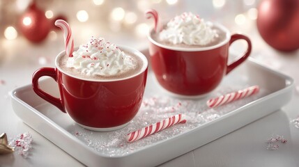 A frosted white cake with red berries and A festive tray with mugs of hot chocolate A cozy holiday table set with plates glasse