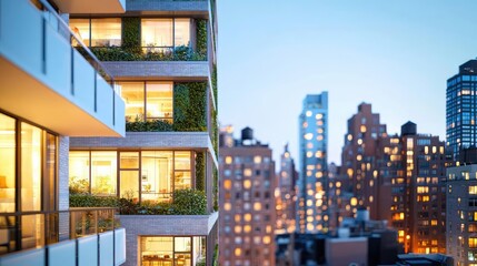 Modern apartment building overlooking city skyline at dusk.