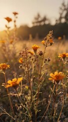 Nature's Beauty: Wildflowers in Bloom Under Golden Sunset Glow