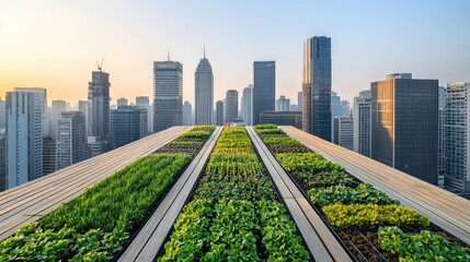 Fototapeta premium Urban rooftop garden with greenery amidst skyscrapers under morning light.