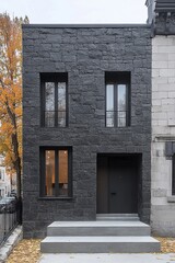 Fototapeta premium Modern Urban Home With A Black Stone Facade, Minimalist Design, And Architectural Details.