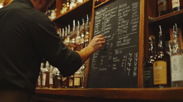 Bar Menu with Bartender Writing on Chalkboard