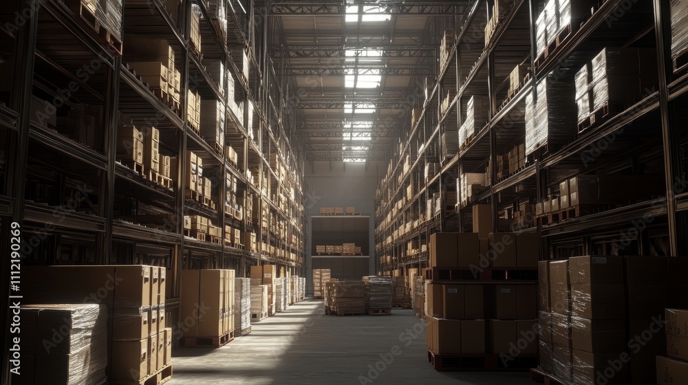 Poster ultrarealistic rendering of a large industrial warehouse with high shelves stacked neatly with boxes