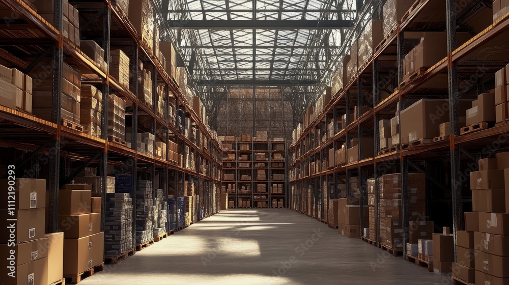 Poster ultrarealistic rendering of a large industrial warehouse with high shelves stacked neatly with boxes