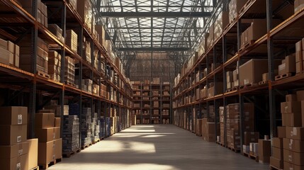 Fototapeta premium Ultrarealistic rendering of a large industrial warehouse with high shelves stacked neatly with boxes and tidy aisles in between