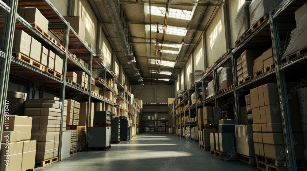 Poster ultrarealistic rendering of a large industrial warehouse with high shelves stacked neatly with boxes