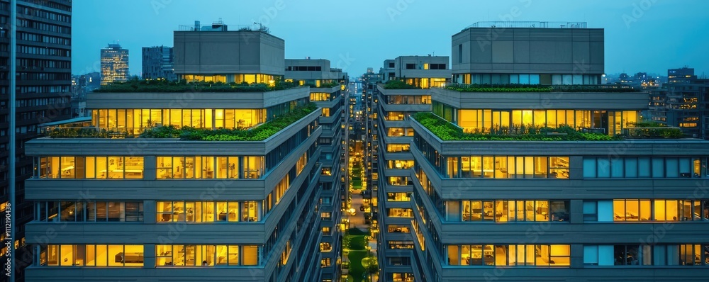 Poster Modern structures with illuminated windows in an urban setting at twilight.
