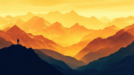 A serene sunset over mountains, highlighting a lone figure standing on a peak, surrounded by a gradient of warm colors.