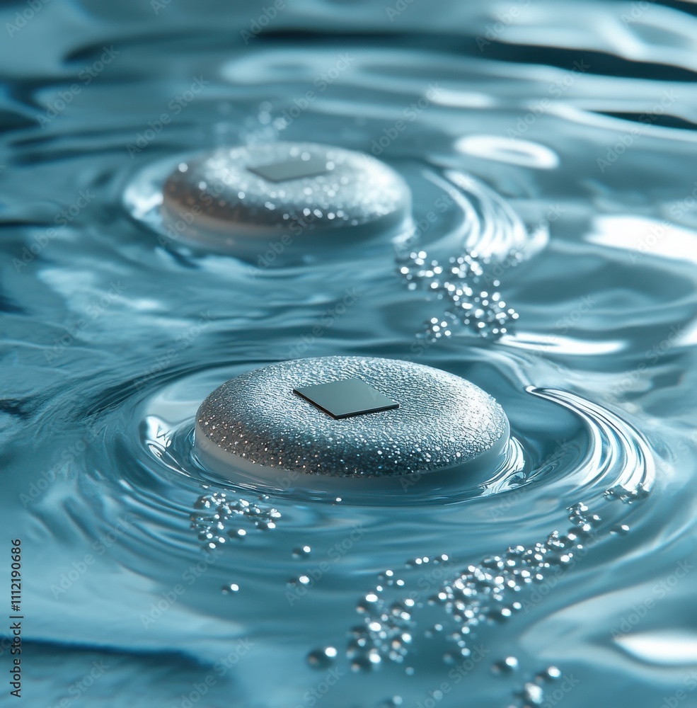 Poster serenity of droplets and waves: a close-up of floating elements creating ripples in tranquil blue wa