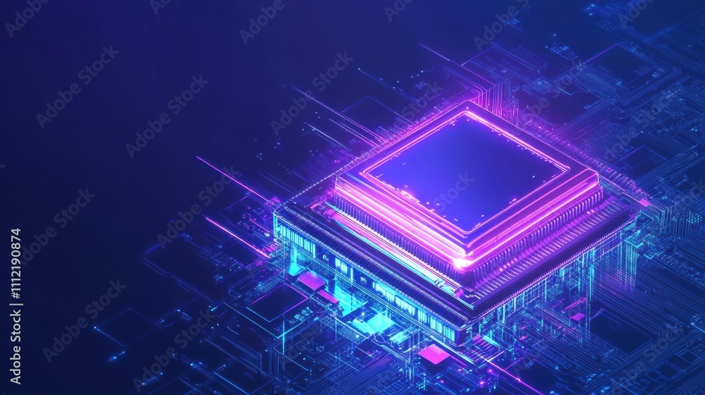 Poster digital ai chip integrated into an abstract tech brain on a dark blue backdrop, embodying advanced a
