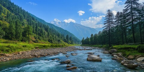 A river with a mountain in the background. The water is clear and the sky is blue. The scene is peaceful and serene