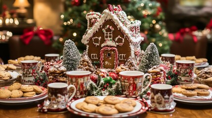 Fototapeta premium A plate of perfectly decorated gingerbread A New Years Eve setup with champagne confet A luxurious dining table with a three-tiere