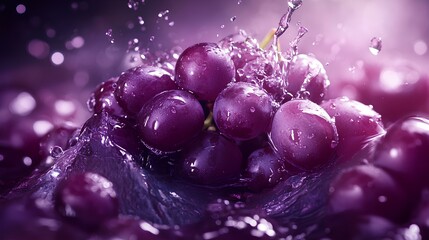 Juicy purple grapes with water splashes on a refreshing background