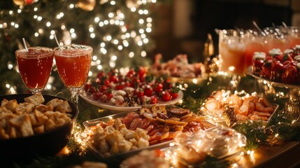 A large chocolate cake topped with festive  A holiday dessert spread with mini cheesece A holiday buffet table filled with appetize