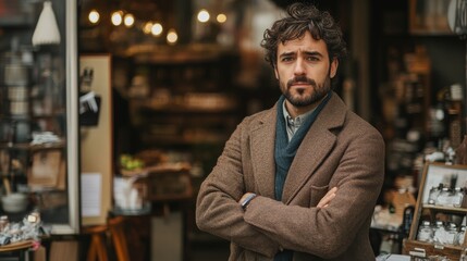 Man with arms crossed stands before a shop