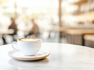 Fototapeta premium small coffee cup on saucer, placed on marble table, with blurred cafe background. warm latte art creates cozy atmosphere for relaxation