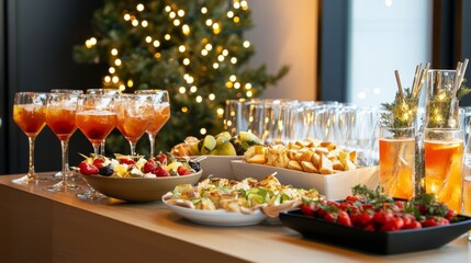 Fototapeta premium A large chocolate cake topped with festive A holiday dessert spread with mini cheesece A holiday buffet table filled with appetize