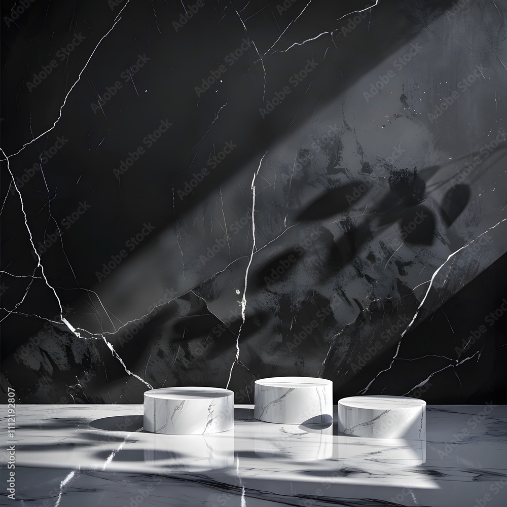 Poster a minimalist scene with three marble-like objects on a dark, textured surface.