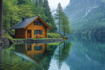 Fototapeta premium Secluded Wooden Cabin Nestled Beside a Mountain Lake