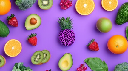 A selection of fresh, raw, organic fruits and vegetables; health foods rich in protein, vitamins, antioxidants, anthocyanins, and fiber: Stock.