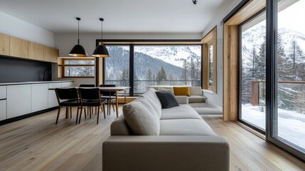 Fototapeta premium Modern mountain home interior with open floor plan, light wood floors, large windows showcasing snowy mountain view, comfortable sofa, and dining area.