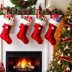 Festive Christmas Mantle with Stockings and Tree Decorations