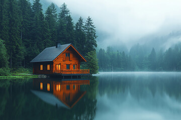 Fototapeta premium Lakeside Cabin Nestled Amongst Misty Forest Trees