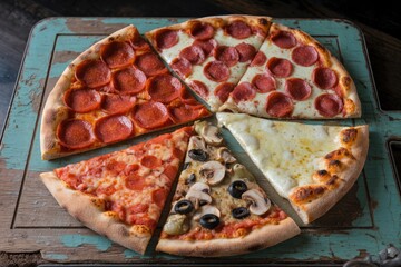 Delicious pizza slices with various toppings on rustic wooden board