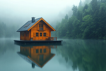Fototapeta premium Wooden lake house nestled in a misty forest