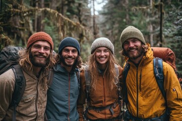 Group of backpackers smiling during hiking trip in forest