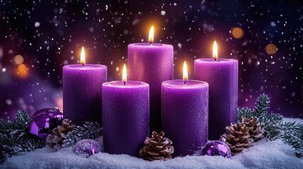 Five purple advent candles burning with christmas ornaments and pine cones in snow