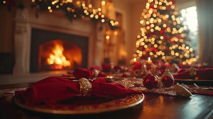 Naklejka premium Cozy holiday scene with fireplace christmas tree and festive table