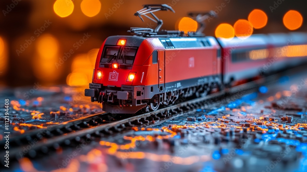 Poster red express train traversing a futuristic cyberpunk city with glowing lights and data streams