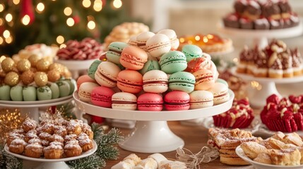 A large chocolate cake topped with festive  A holiday dessert spread with mini cheesece A holiday buffet table filled with appetize