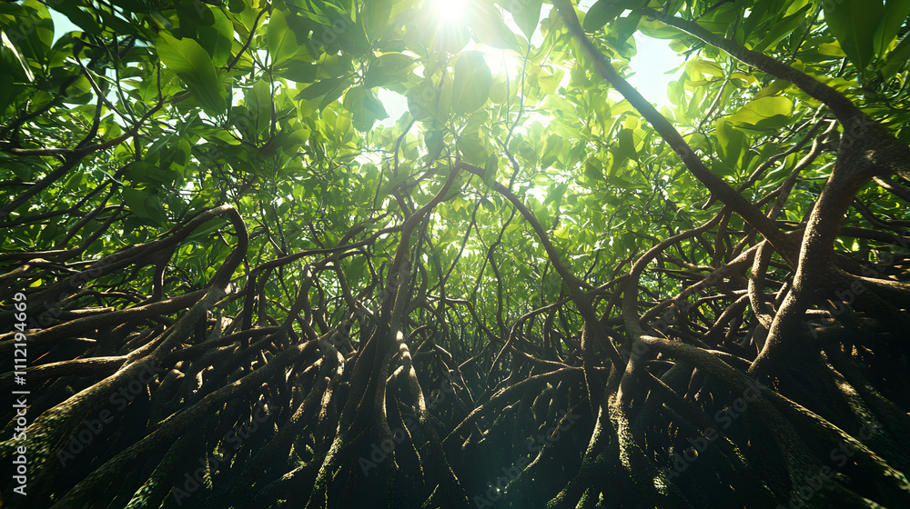 Poster rays of sunlight illuminate a dense forest with intertwined tree trunks and vines, creating a mystic
