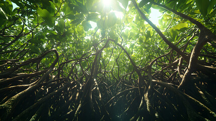 Fototapeta premium Rays of sunlight illuminate a dense forest with intertwined tree trunks and vines, creating a mystical and serene atmosphere..