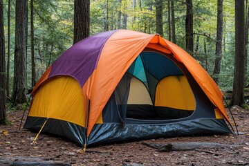 Colorful camping tent pitched in a forest clearing