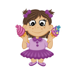 Smiling girl holding two colorful ice cream cones illustration